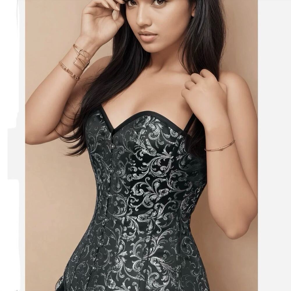 Steampunk Longline Brocade Overbust Corset, Black and Silver, Size 34 (14/16)